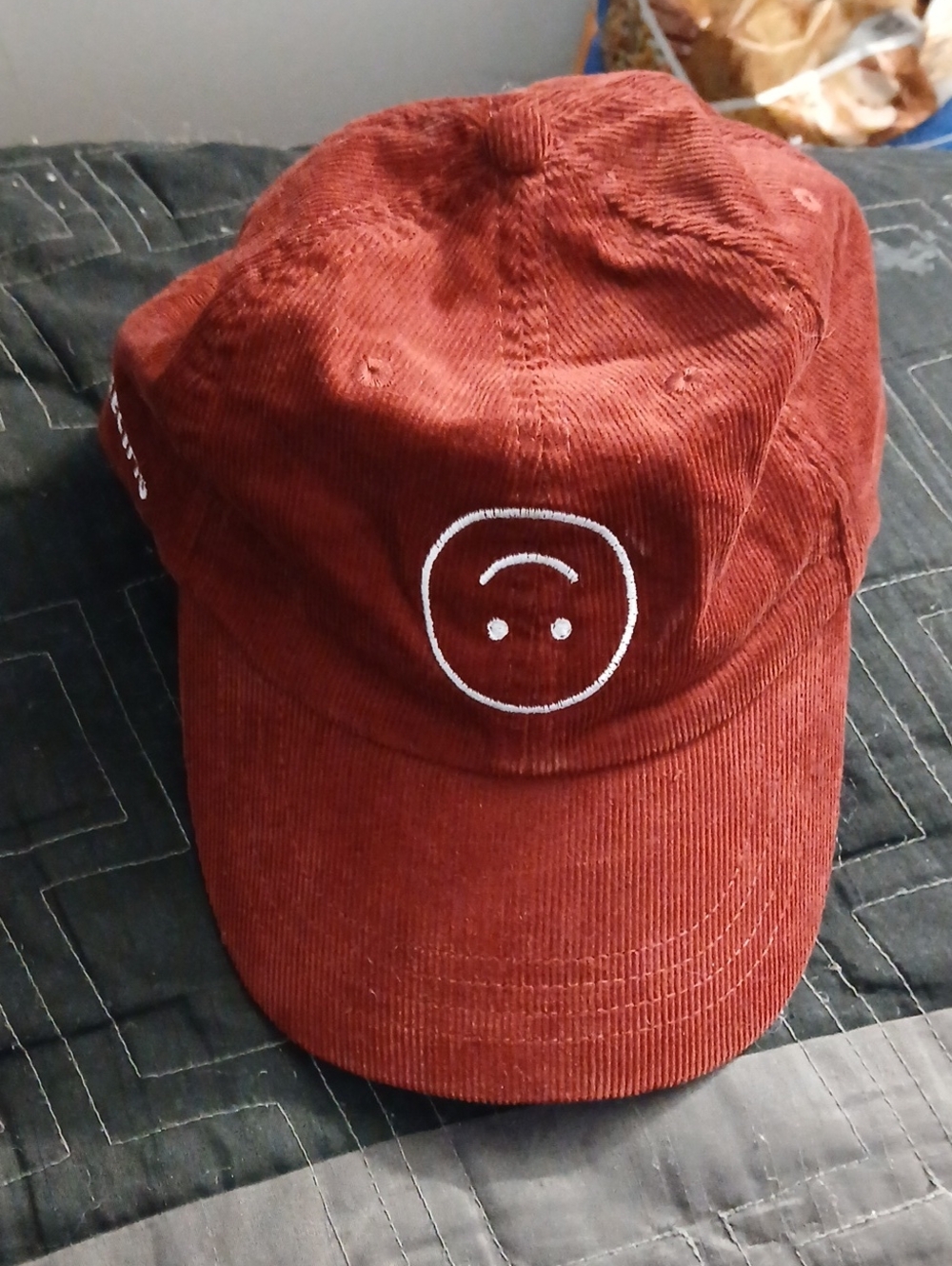 Corduroy Cap with Smiley Embroidery - Rust Red